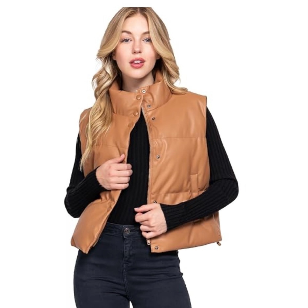 Mud Pie Puffer Faux Leather Vest, Size M, Chocolate Brown Popular Color - Picture 5 of 9